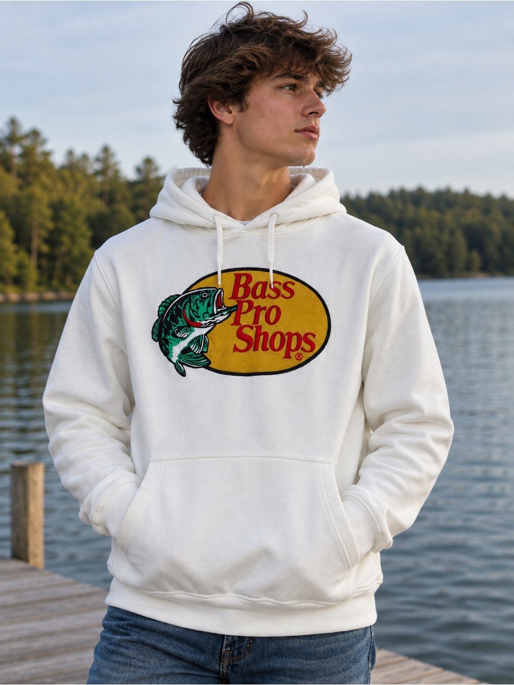 Bass Pro Shops Men’s Medium White Embroidered Logo Pullover Hoodie